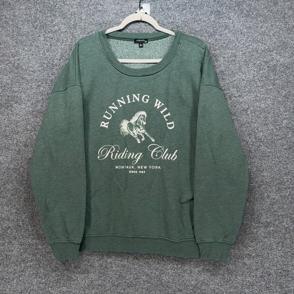 Horse Equestrian Sweatshirt Womens XL Green Running Wild Riding Club Montauk